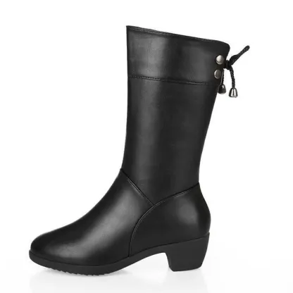 Women's Warm Fleece Lined Mid Calf Leather Winter Boots