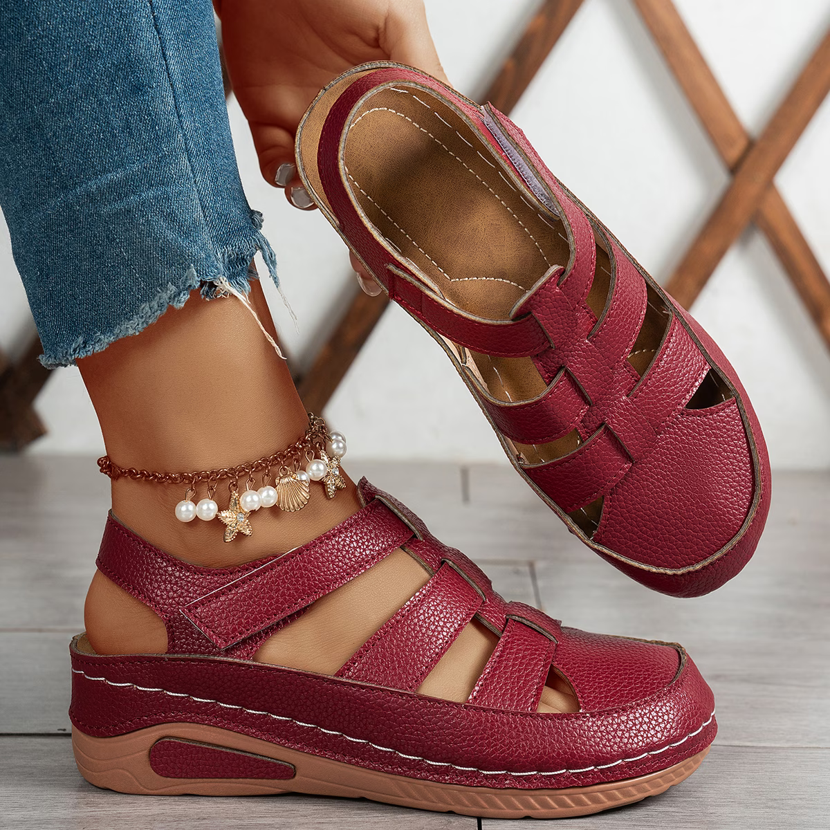 Women's Fashion Comfortable Hollow Breathable Adjustable Hook-And-Loop Wedge Sandals Outdoor Shoes