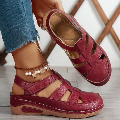 Women's Fashion Comfortable Hollow Breathable Adjustable Hook-And-Loop Wedge Sandals Outdoor Shoes