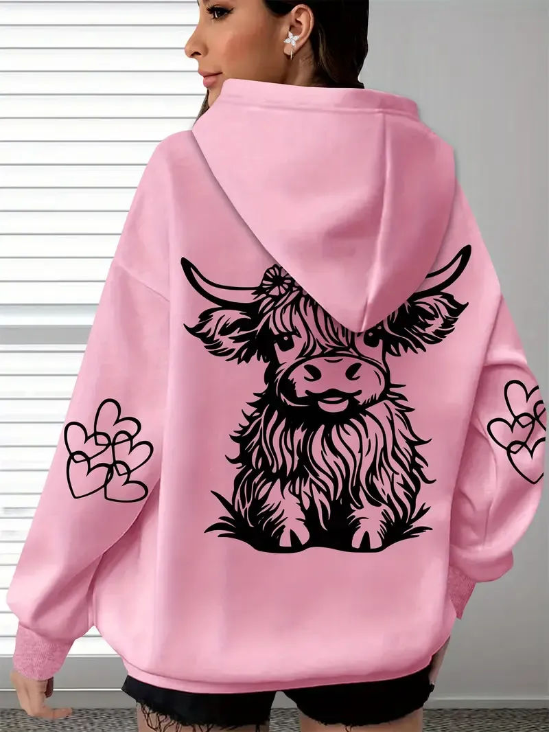 Women's Cozy Highland Cow Long Sleeve Hoodie Pullover Casual Wear for Everyday