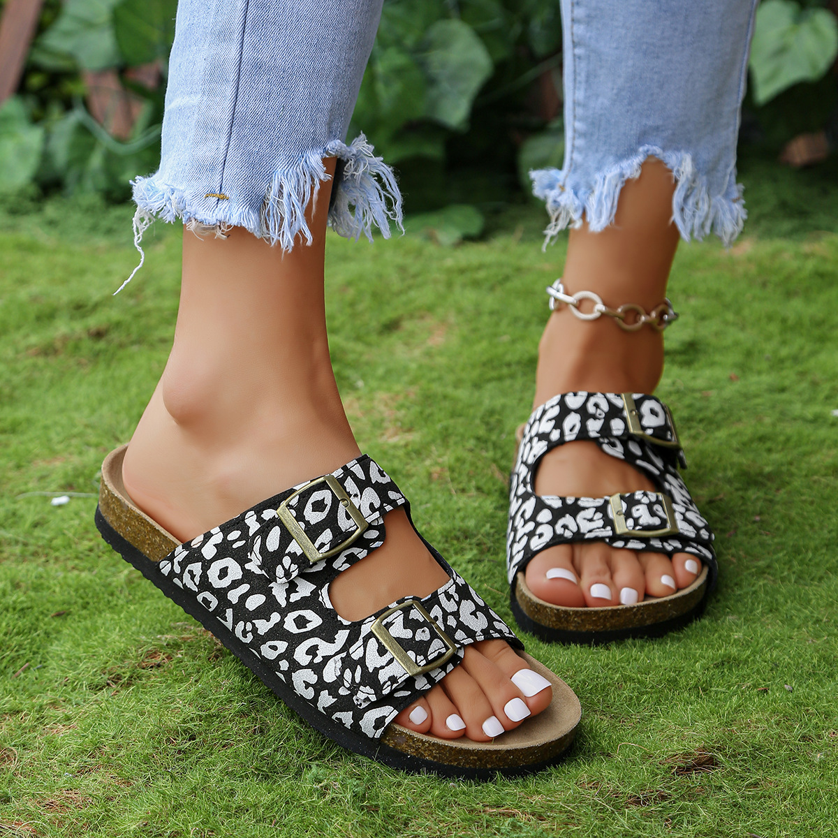 Women's Leopard Print Double Adjustable Buckle Cork Footbed Slide Sandals