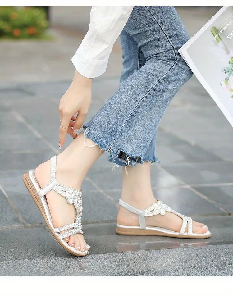 womens rhinestone flat sandals boho style bling elastic strap slip on shoes casual beach sandals for music festival details 4