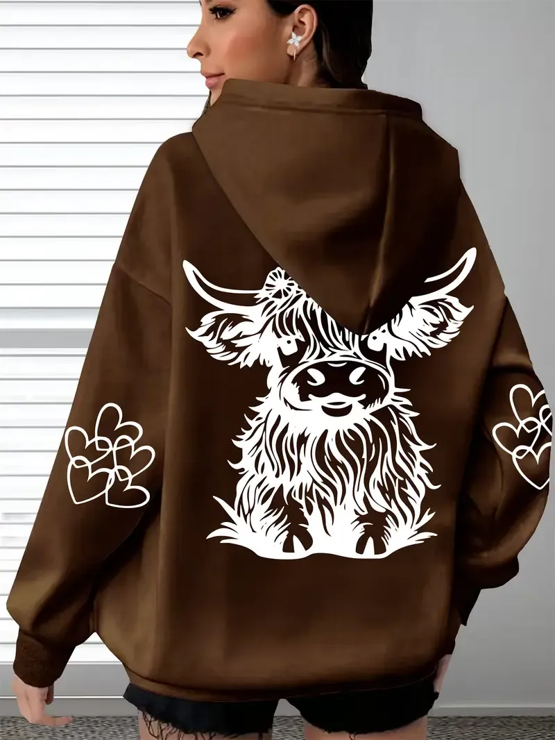 Women's Cozy Highland Cow Long Sleeve Hoodie Pullover Casual Wear for Everyday