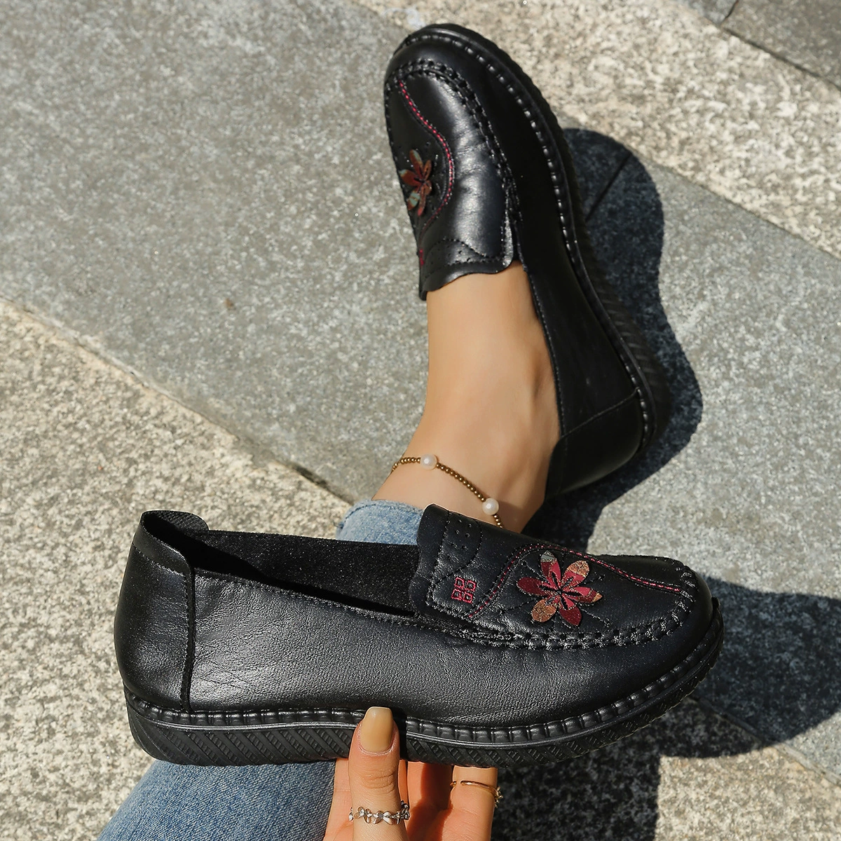 Women's Floral Embroidery Slip‑On Loafers Walking Shoes