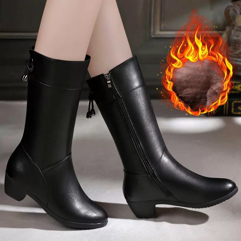 Women's Warm Fleece Lined Mid Calf Leather Winter Boots