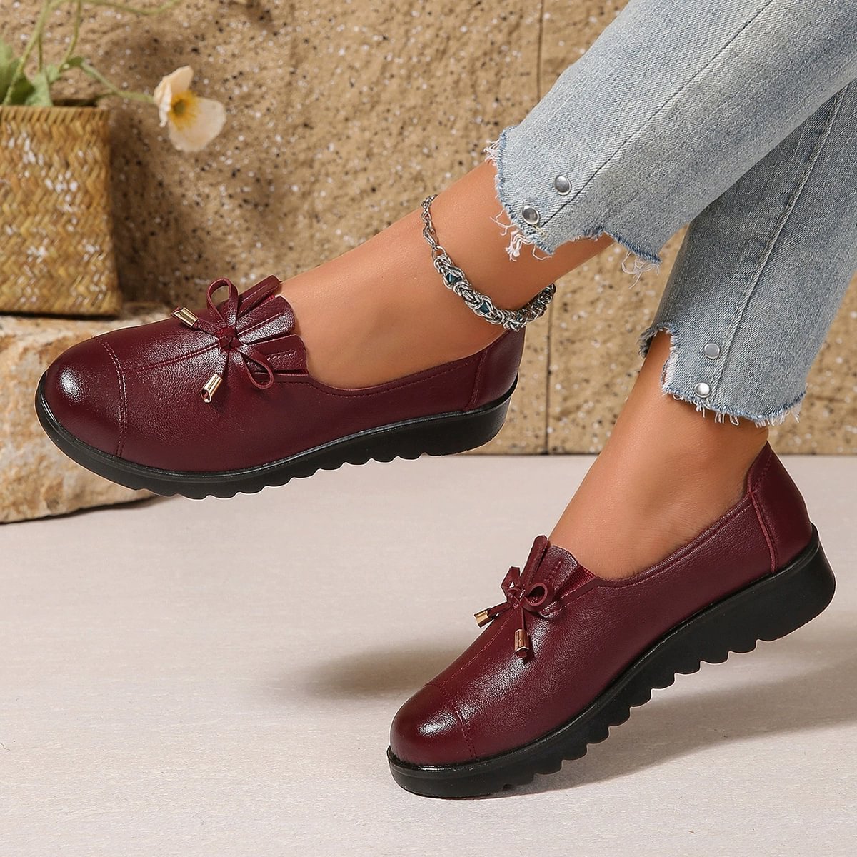 Women's Comfortable Bow‑Detail Loafers Slip‑On Shoes