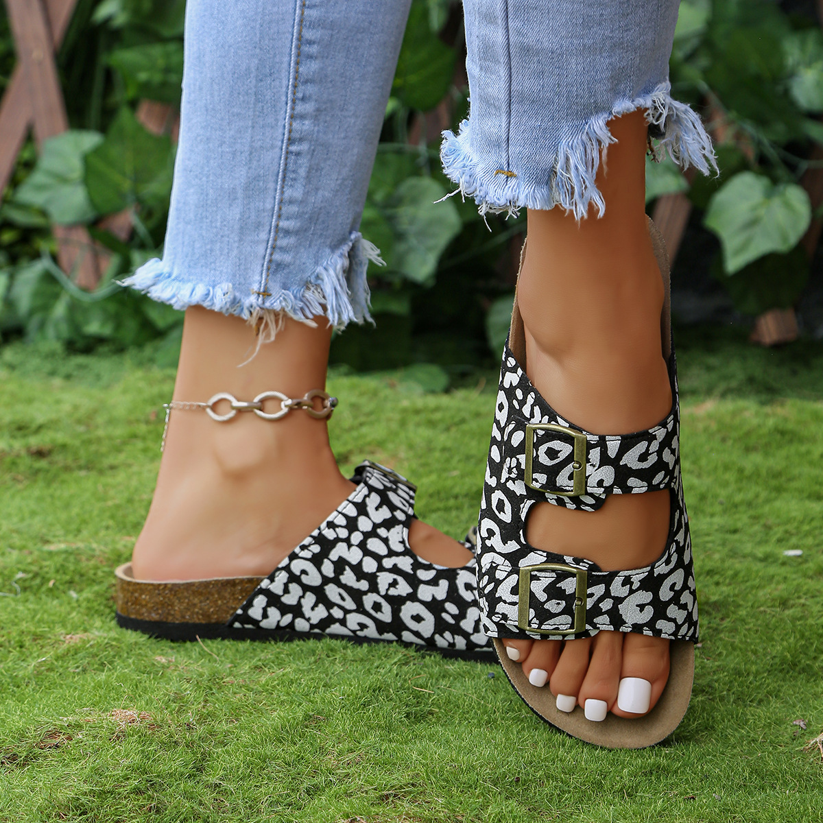 Women's Leopard Print Double Adjustable Buckle Cork Footbed Slide Sandals