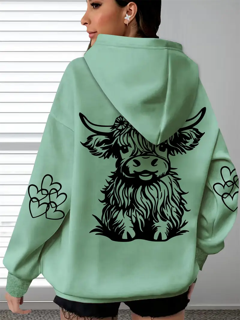 Women's Cozy Highland Cow Long Sleeve Hoodie Pullover Casual Wear for Everyday