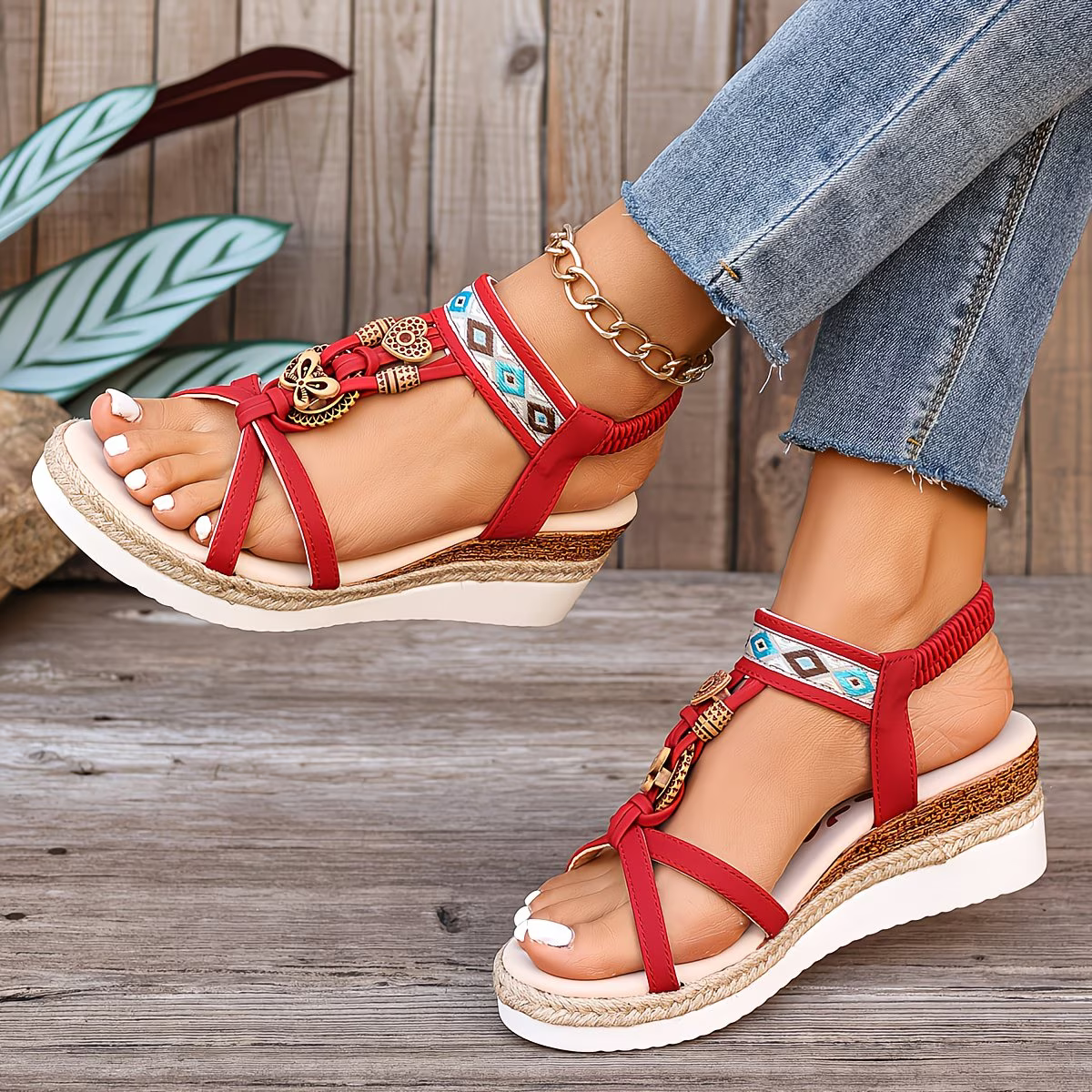 Women's Lightweight Bohemian Floral Print Wedge Sandals
