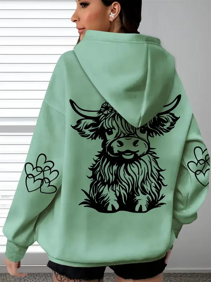 Women's Cozy Highland Cow Long Sleeve Hoodie Pullover Casual Wear for Everyday