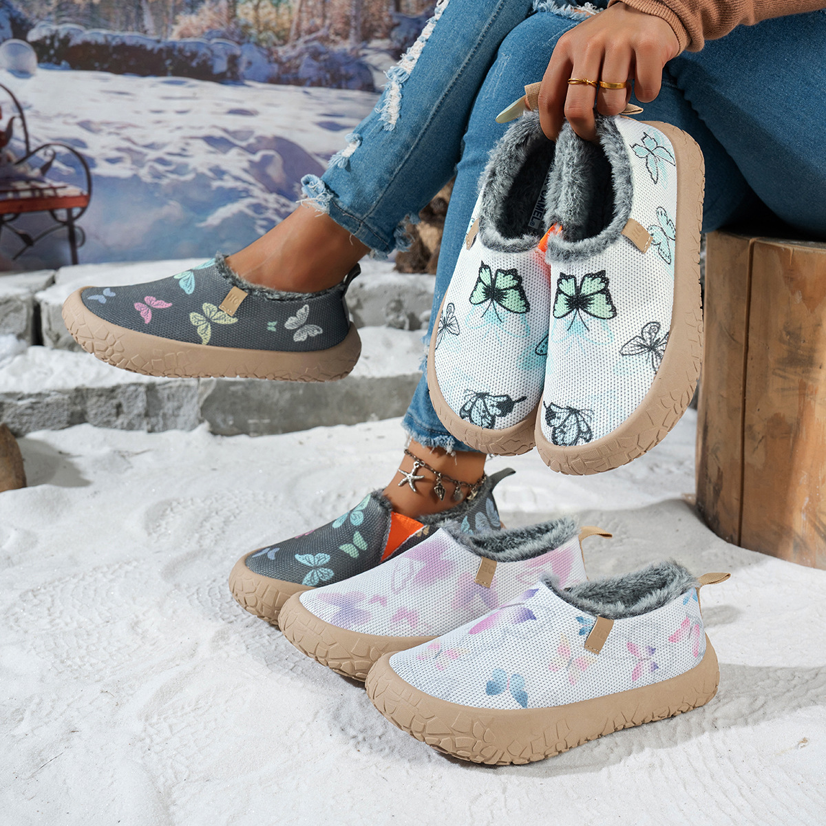 Women's Butterfly Print Warm Fleece Lined Winter Slip‑On Shoes