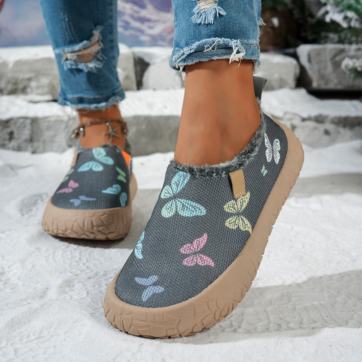 Women's Butterfly Print Warm Fleece Lined Winter Slip‑On Shoes