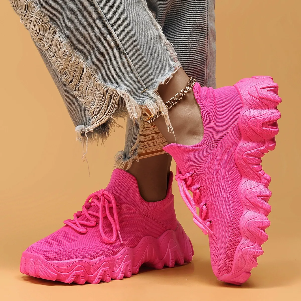 Women's Breathable Stretch Knit Thick Sole Slip‑On Trainers Walking Shoes