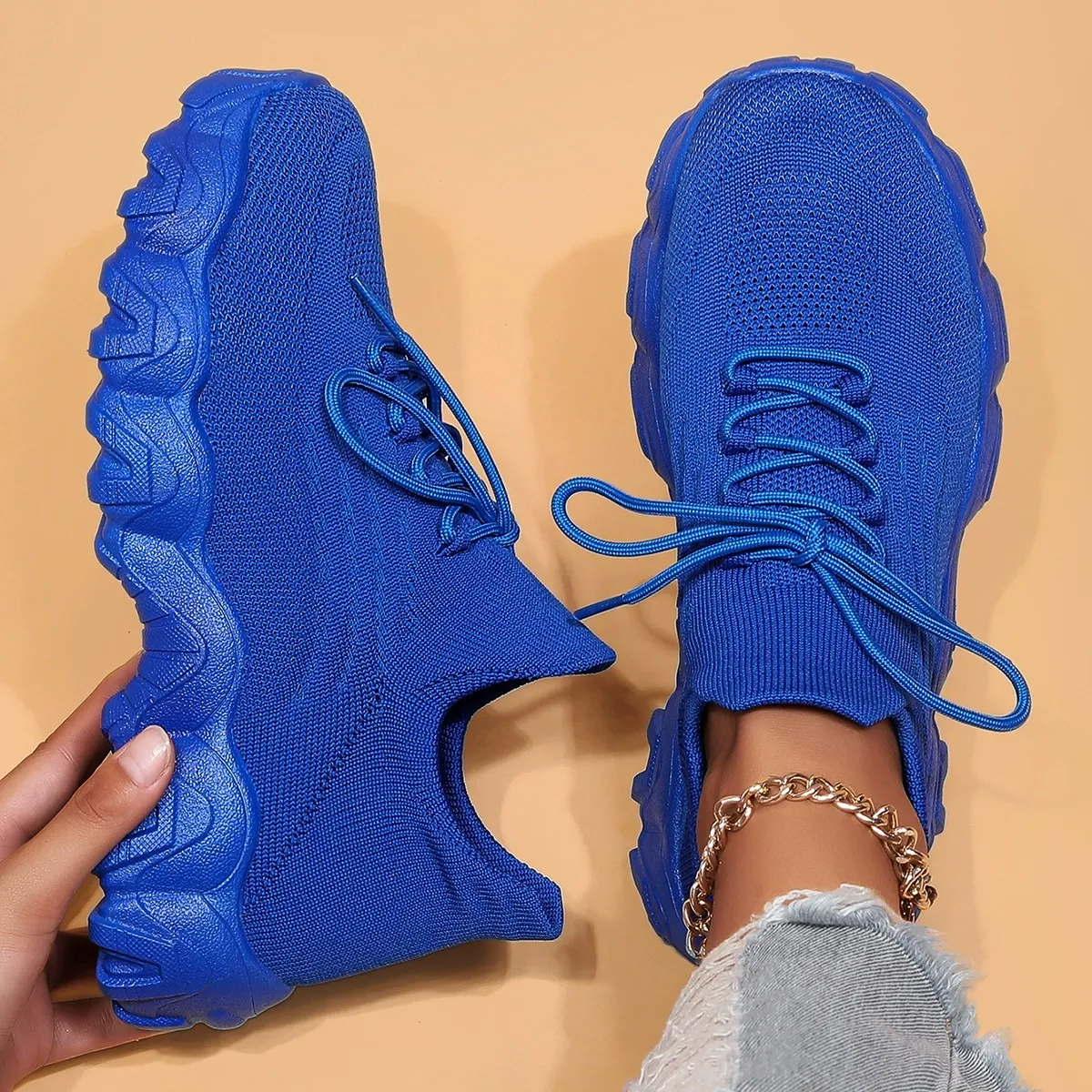 Women's Breathable Stretch Knit Thick Sole Slip‑On Trainers Walking Shoes