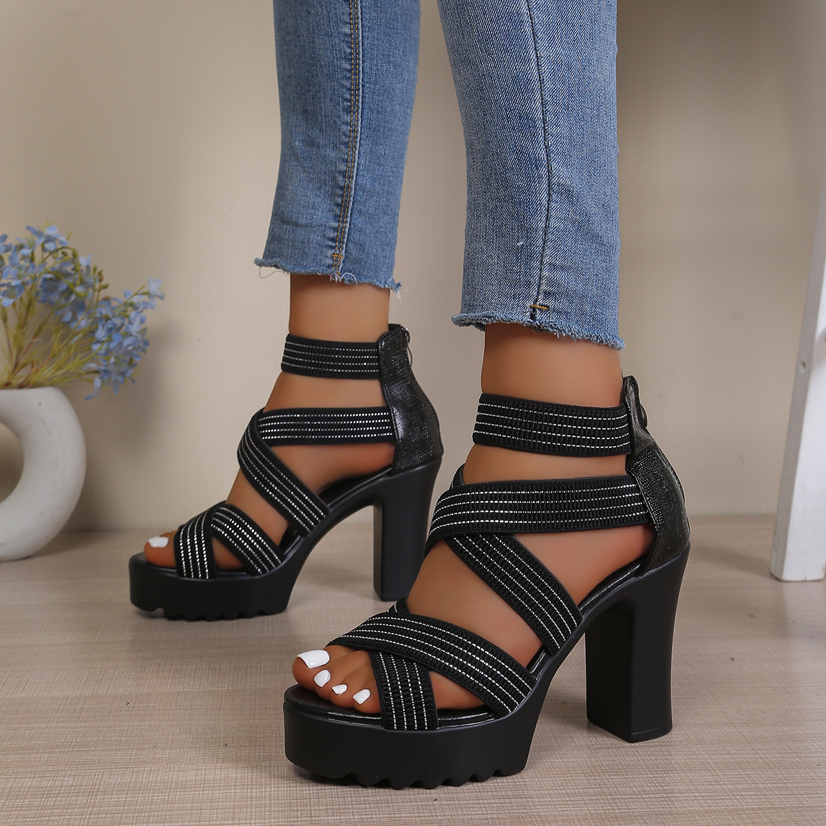 Women's Elastic Band Platform Chunky Heel Sandals