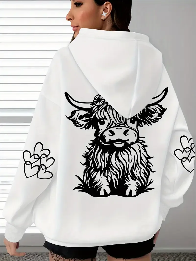 Women's Cozy Highland Cow Long Sleeve Hoodie Pullover Casual Wear for Everyday
