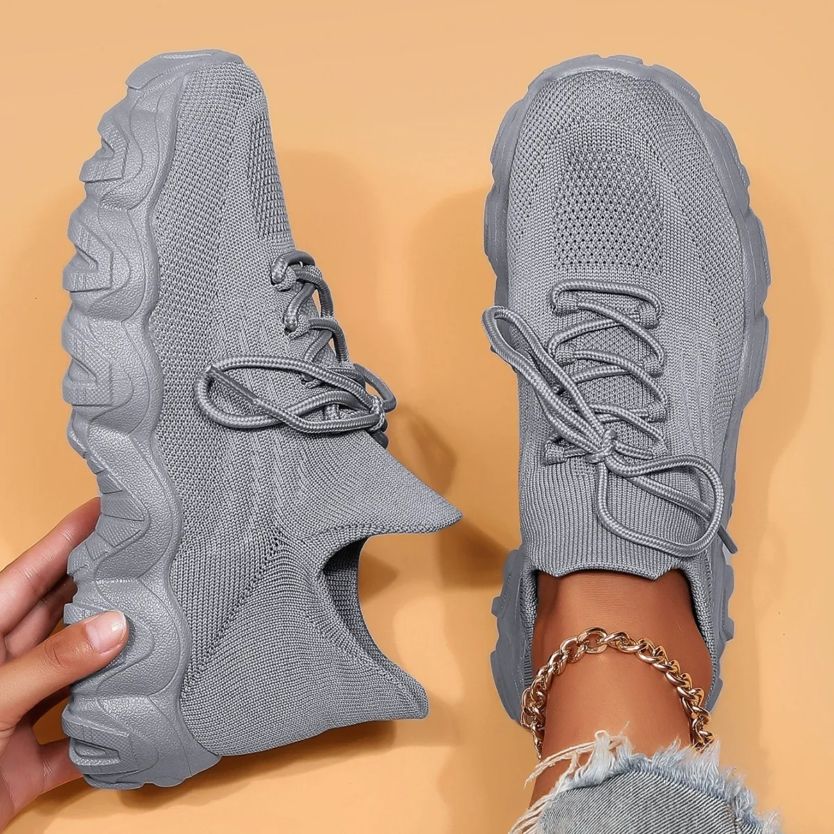 Women's Breathable Stretch Knit Thick Sole Slip‑On Trainers Walking Shoes