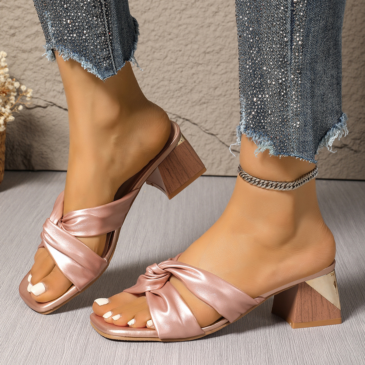 Women's Twist Strap Block Heel Mule Sandals Slip On Party Dress Heeled Slides