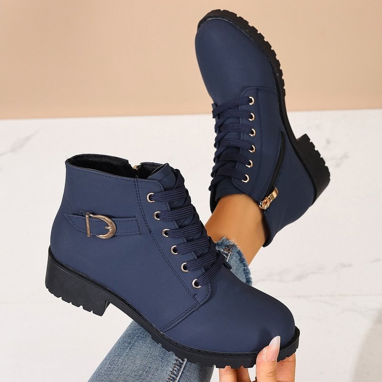 Women’s Side Zip Buckle Low Block Heel Ankle Boots