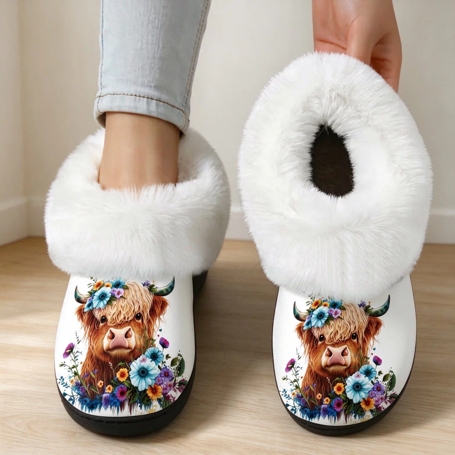 Women's Highland Cow Floral Cosy Furry Slippers Indoor/Outdoor Shoes