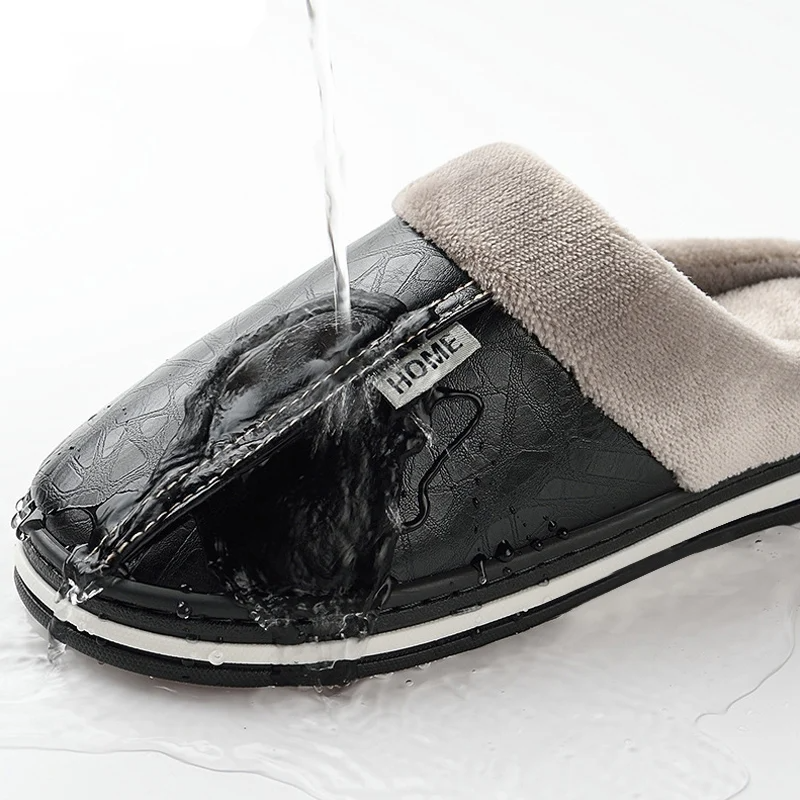 Unisex Warm Waterproof Non‑Slip Leather Winter Slippers Indoor House Shoes