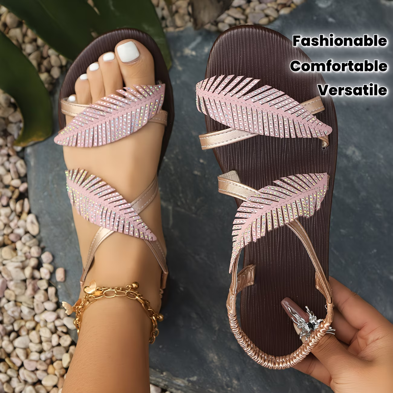 Women's Fashion & Elegant Double-Leaf Rhinestone Flat Sandals