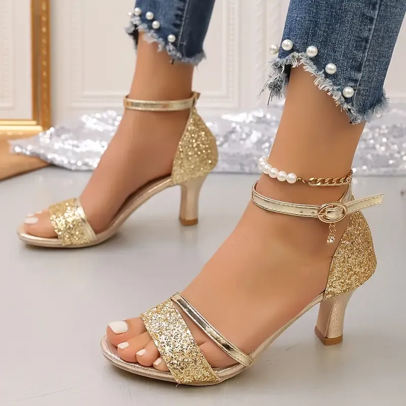 Women's Sequined Sexy High-Heeled Sandals Evening Party Versatile Shoes