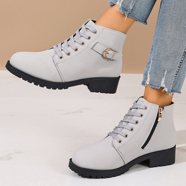 Women’s Side Zip Buckle Low Block Heel Ankle Boots