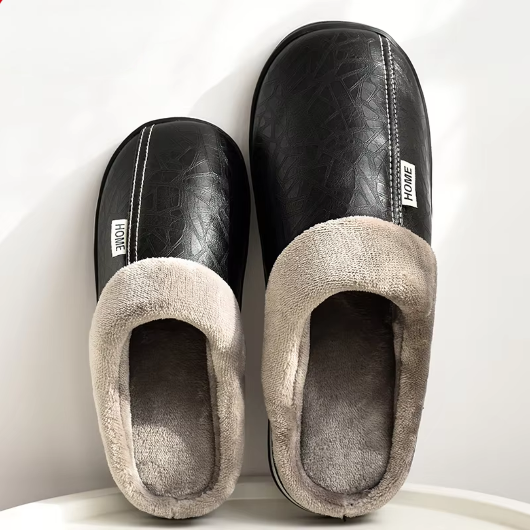Unisex Warm Waterproof Non‑Slip Leather Winter Slippers Indoor House Shoes