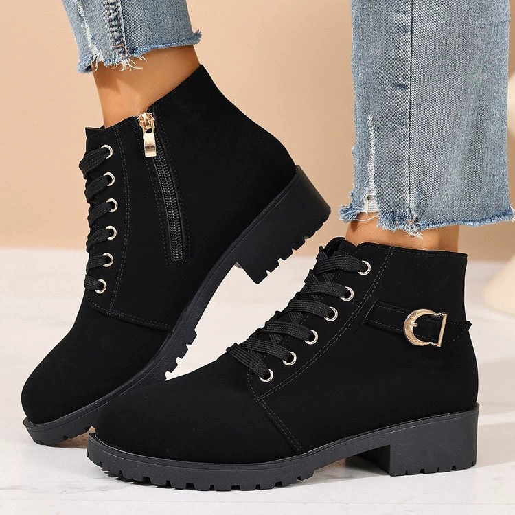 Women’s Side Zip Buckle Low Block Heel Ankle Boots