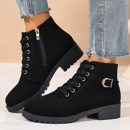 Women’s Side Zip Buckle Low Block Heel Ankle Boots