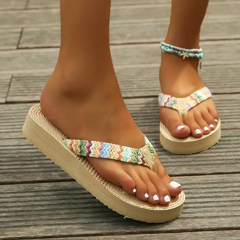 womens colorful knit sandals slip on open toe thick soft bottom outdoor thong sandals vacation beach flip flops details 4