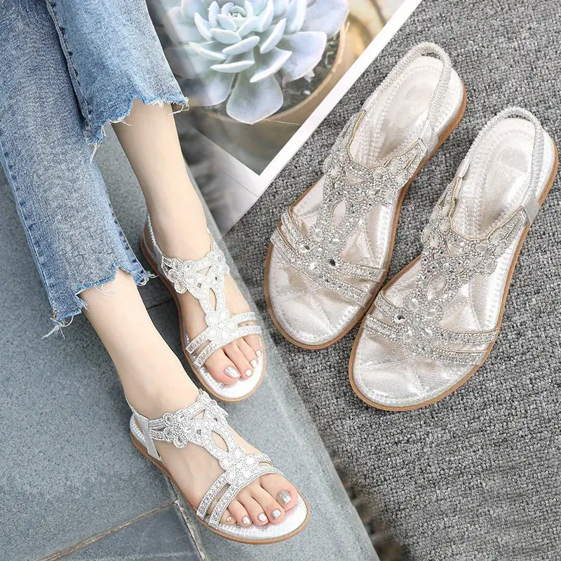 womens rhinestone flat sandals boho style bling elastic strap slip on shoes casual beach sandals for music festival details 0