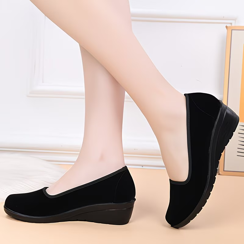 Women's Classic Black Wedge Slip-on Shoes for Long Standing