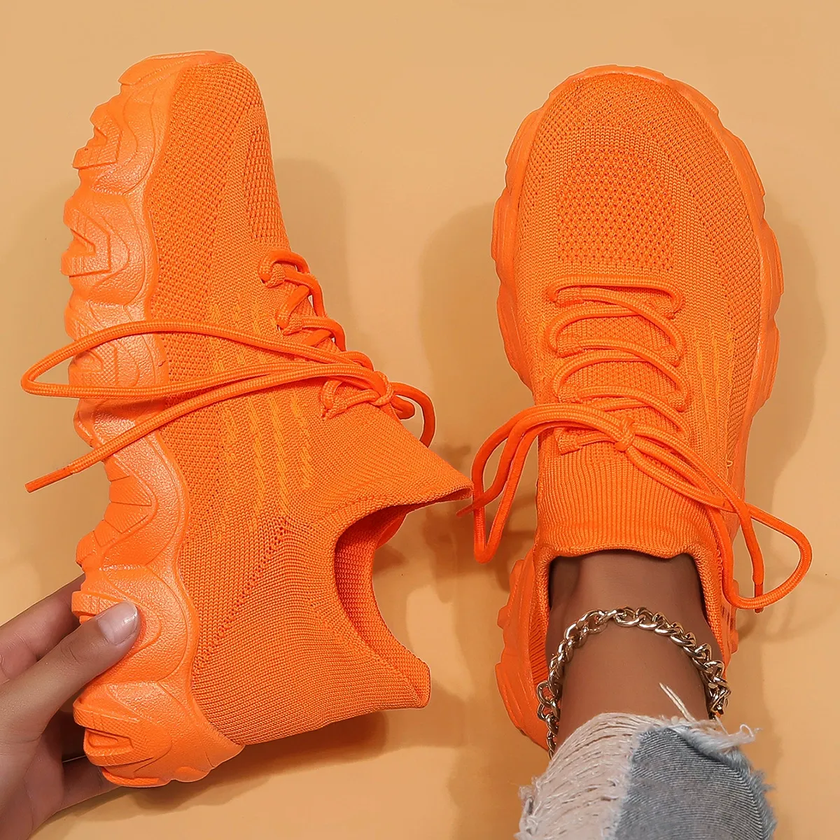 Women's Breathable Stretch Knit Thick Sole Slip‑On Trainers Walking Shoes