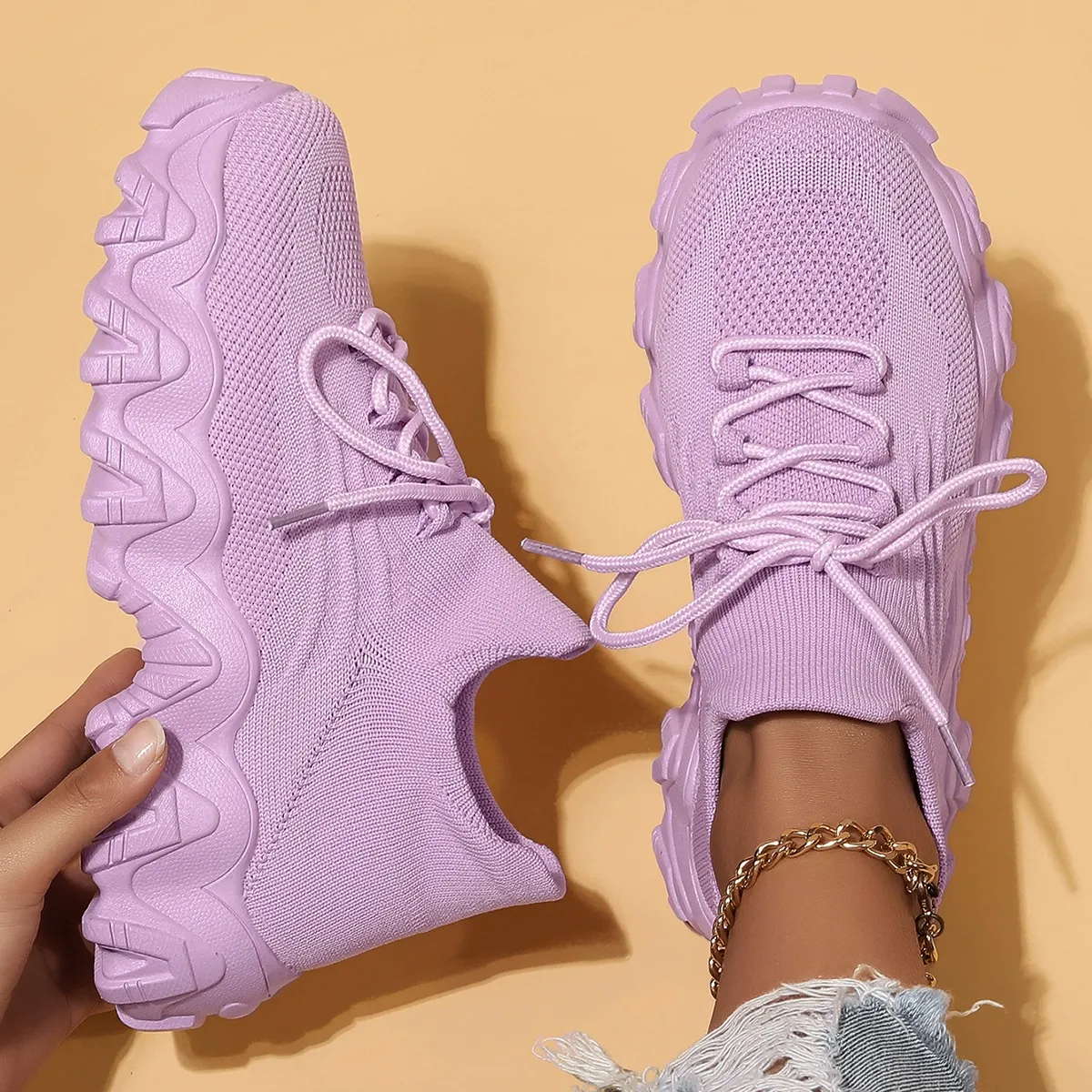 Women's Breathable Stretch Knit Thick Sole Slip‑On Trainers Walking Shoes