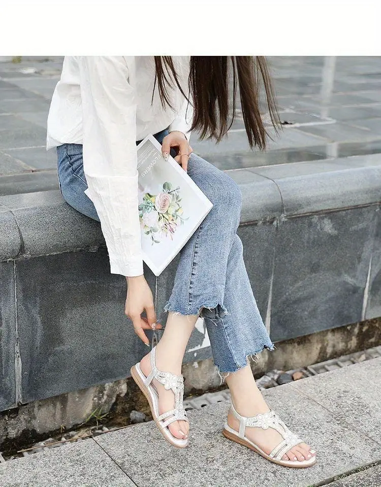 womens rhinestone flat sandals boho style bling elastic strap slip on shoes casual beach sandals for music festival details 2