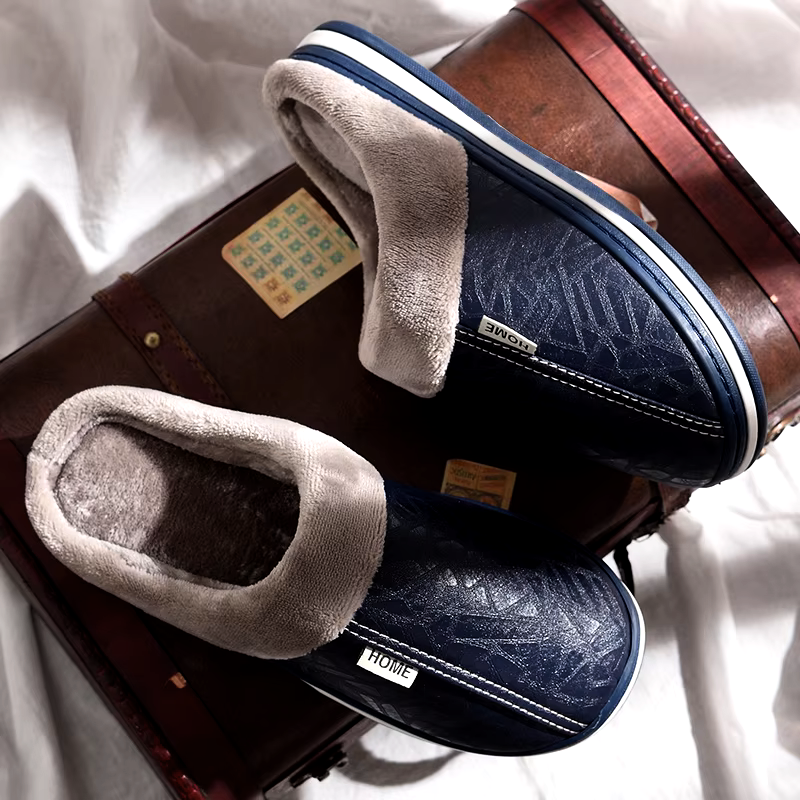 Unisex Warm Waterproof Non‑Slip Leather Winter Slippers Indoor House Shoes
