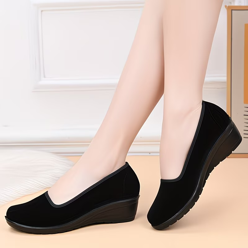 Women's Classic Black Wedge Slip-on Shoes for Long Standing