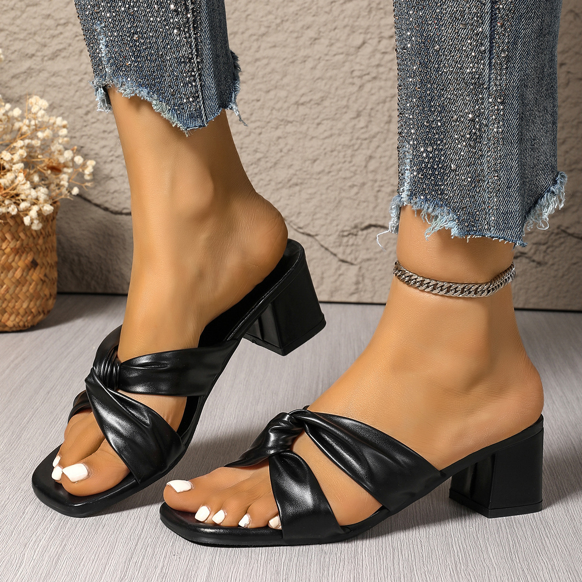 Women's Twist Strap Block Heel Mule Sandals Slip On Party Dress Heeled Slides