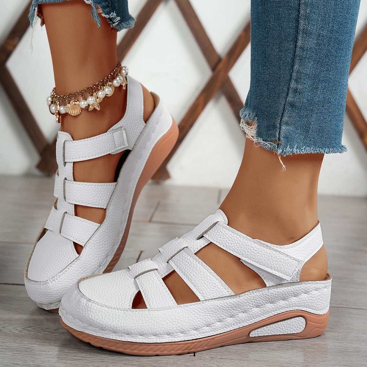 Women's Fashion Comfortable Hollow Breathable Adjustable Hook-And-Loop Wedge Sandals Outdoor Shoes