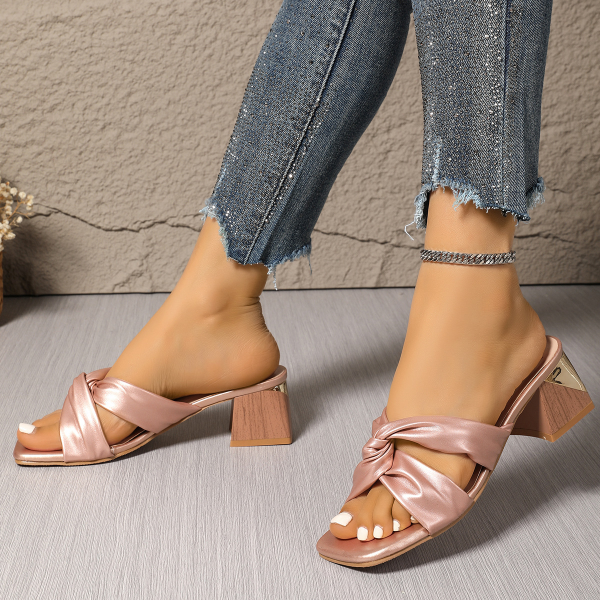 Women's Twist Strap Block Heel Mule Sandals Slip On Party Dress Heeled Slides