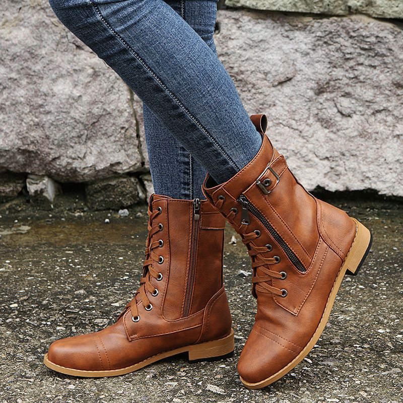 Women's Waterproof Durable Non-Slip Leather Combat Ankle Boots