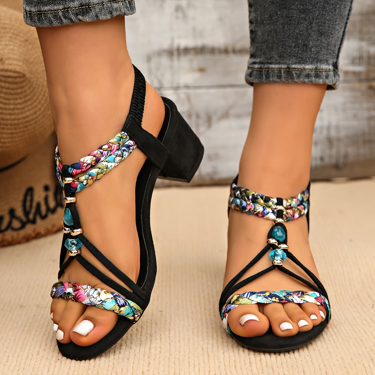Women's Bohemian Style Hand-Beaded Elastic Ankle Design Slip-On Chunky Heel Sandals