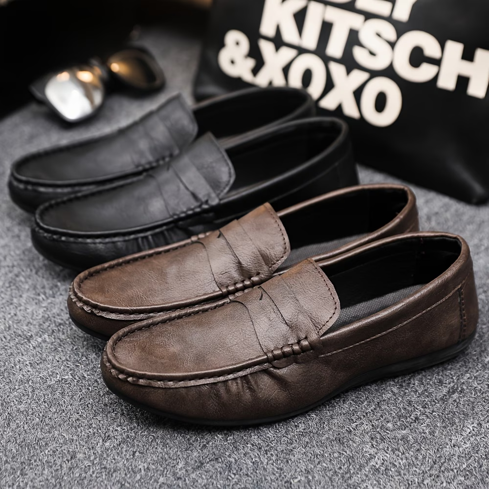Men's British Style Soft & Comfortable & Lightweight Leather Slip-On Loafers Business Flat Shoes