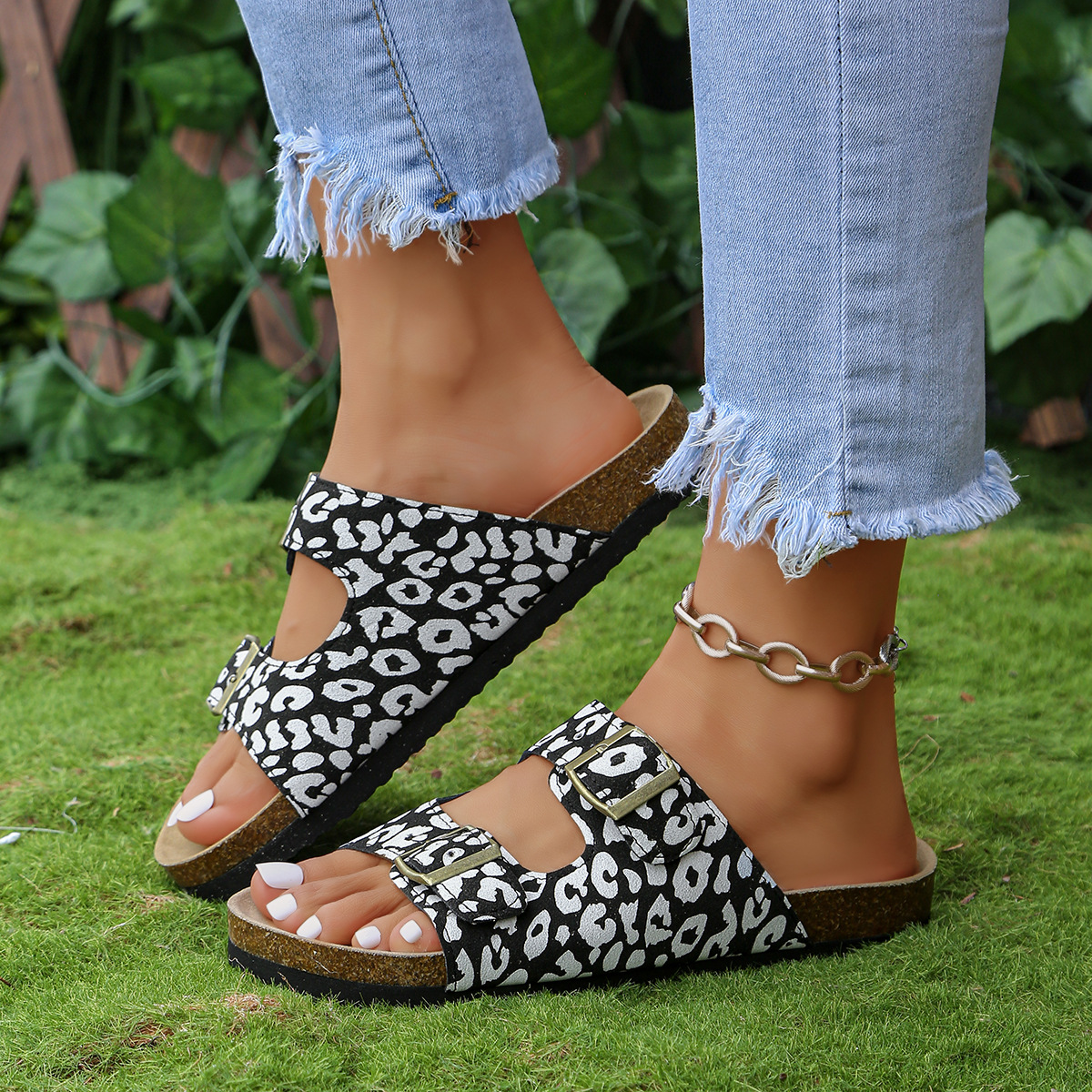 Women's Leopard Print Double Adjustable Buckle Cork Footbed Slide Sandals