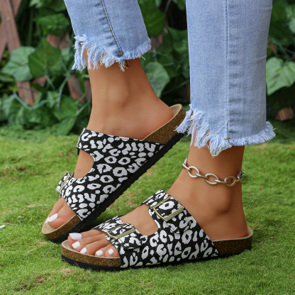 Women's Leopard Print Double Adjustable Buckle Cork Footbed Slide Sandals
