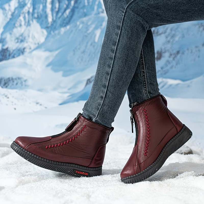 Women's Warm Fleece Lined Waterproof Leather Winter Ankle Boots