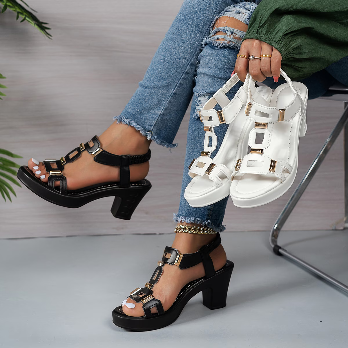 Women's Lightweight and Breathable Metal Buckle T-Strap Platform Chunky Heel Sandals