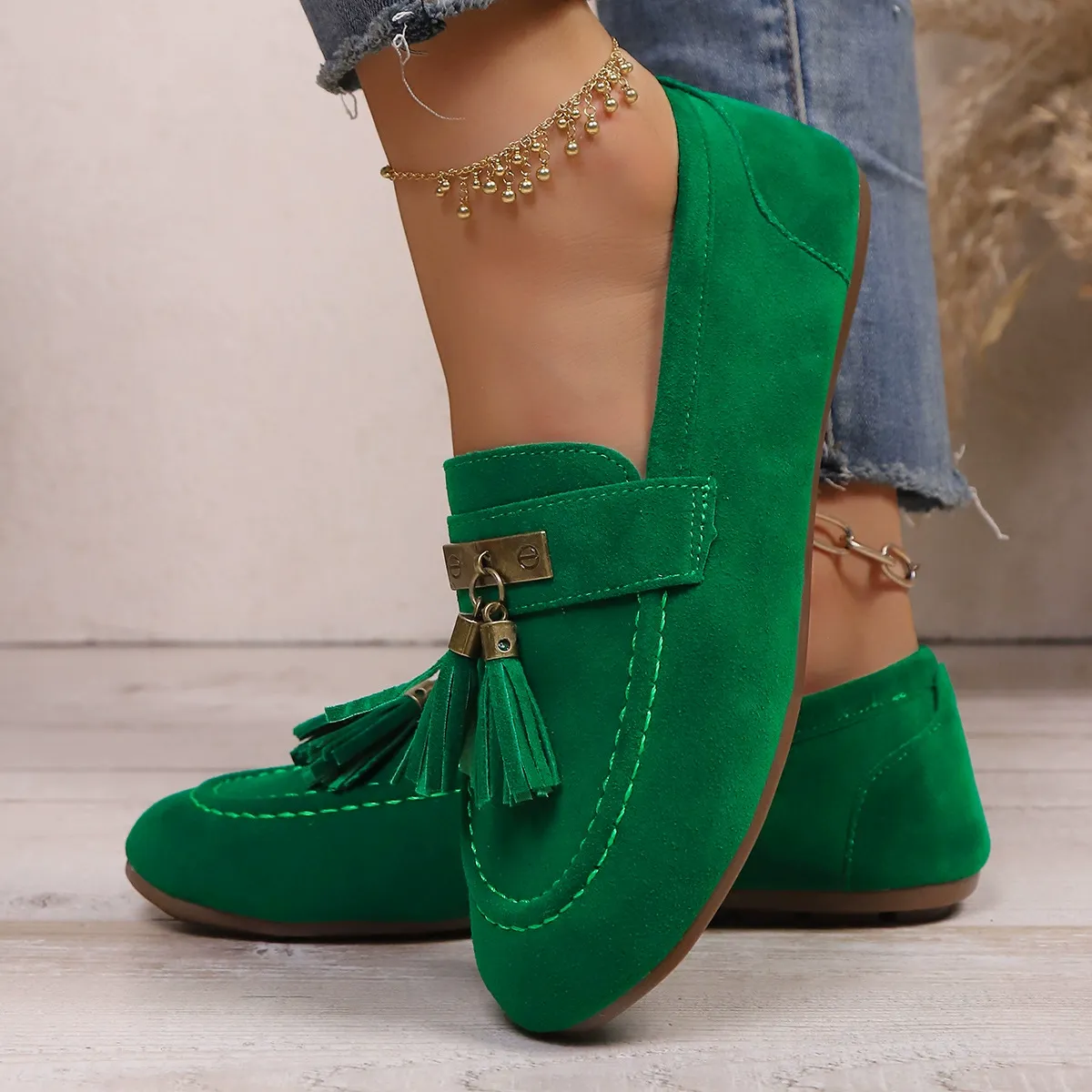 Women's Tassel Flat Loafers Slip-On Walking Shoes